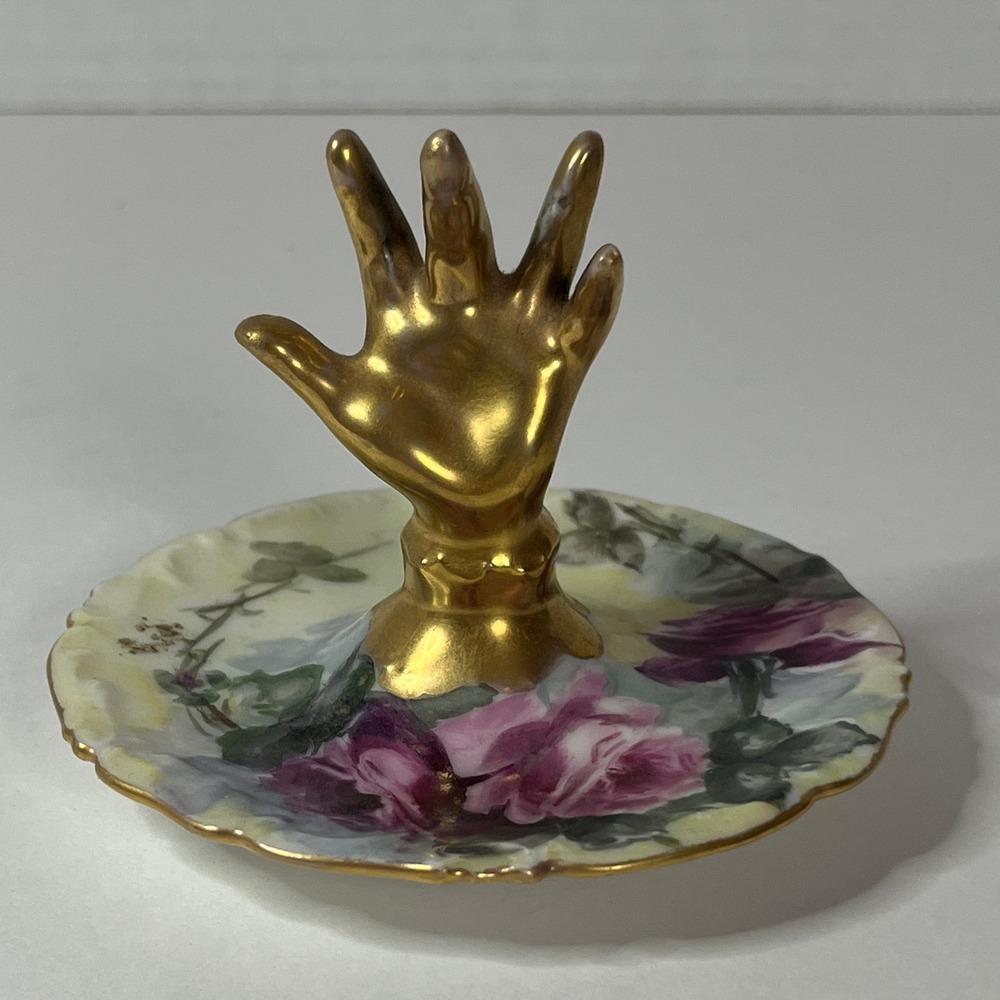 Vintage Limoges France Porcelain Ring Holder Gold Hand Floral Dish C.H. Snyder